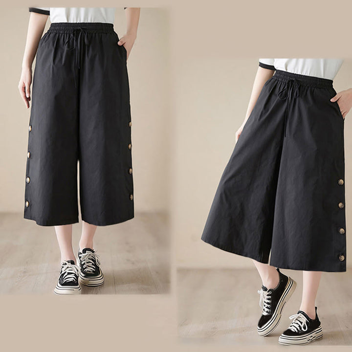 Buddha Stones Schlichte Caprihose für Damen mit seitlicher Knopfleiste, weitem Bein und Taschen - image 8