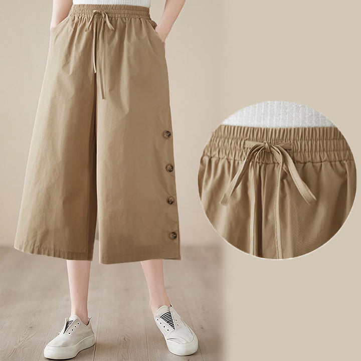 Buddha Stones Schlichte Caprihose für Damen mit seitlicher Knopfleiste, weitem Bein und Taschen - image 18