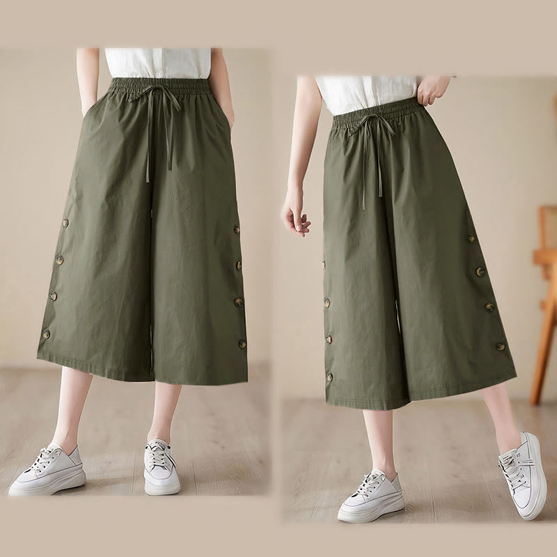 Buddha Stones Schlichte Caprihose für Damen mit seitlicher Knopfleiste, weitem Bein und Taschen - image 13