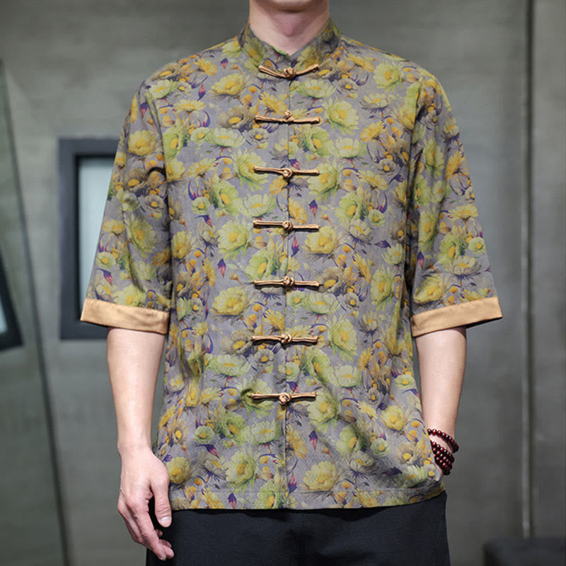 Buddha Stones Sommerliches Herrenhemd aus Baumwolle mit buntem Blumen- und Blättermuster, kurzen Ärmeln und Froschknopfleiste - image 8