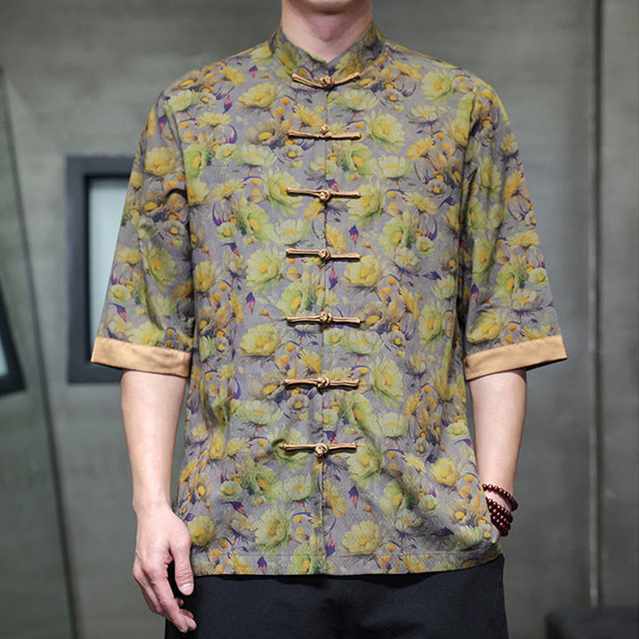 Buddha Stones Sommerliches Herrenhemd aus Baumwolle mit buntem Blumen- und Blättermuster, kurzen Ärmeln und Froschknopfleiste - image 8