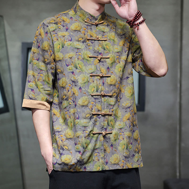 Buddha Stones Sommerliches Herrenhemd aus Baumwolle mit buntem Blumen- und Blättermuster, kurzen Ärmeln und Froschknopfleiste - image 9