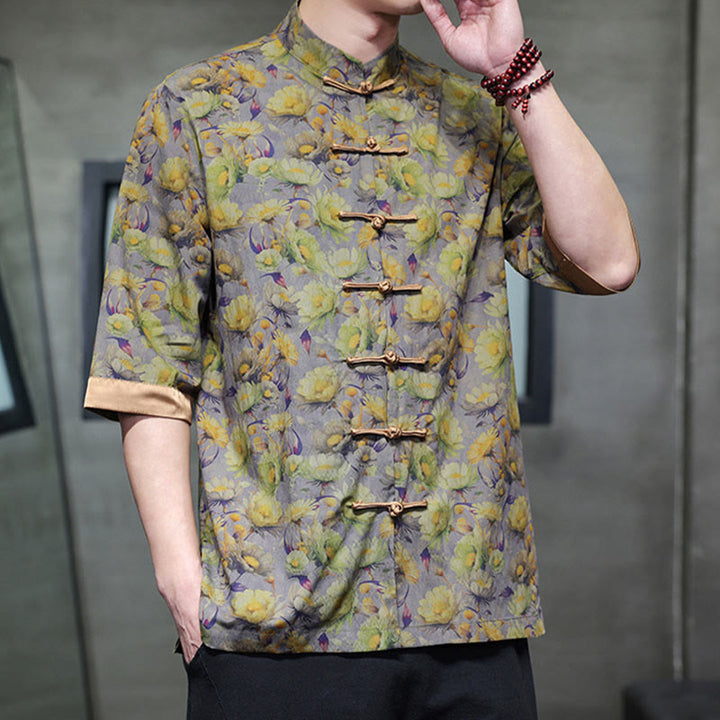 Buddha Stones Sommerliches Herrenhemd aus Baumwolle mit buntem Blumen- und Blättermuster, kurzen Ärmeln und Froschknopfleiste - image 9