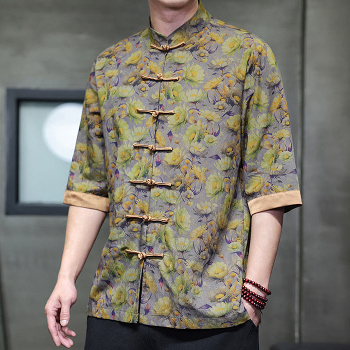 Buddha Stones Sommerliches Herrenhemd aus Baumwolle mit buntem Blumen- und Blättermuster, kurzen Ärmeln und Froschknopfleiste - Distel - US/ UK/AU46, EU56 (5XL) - image 7