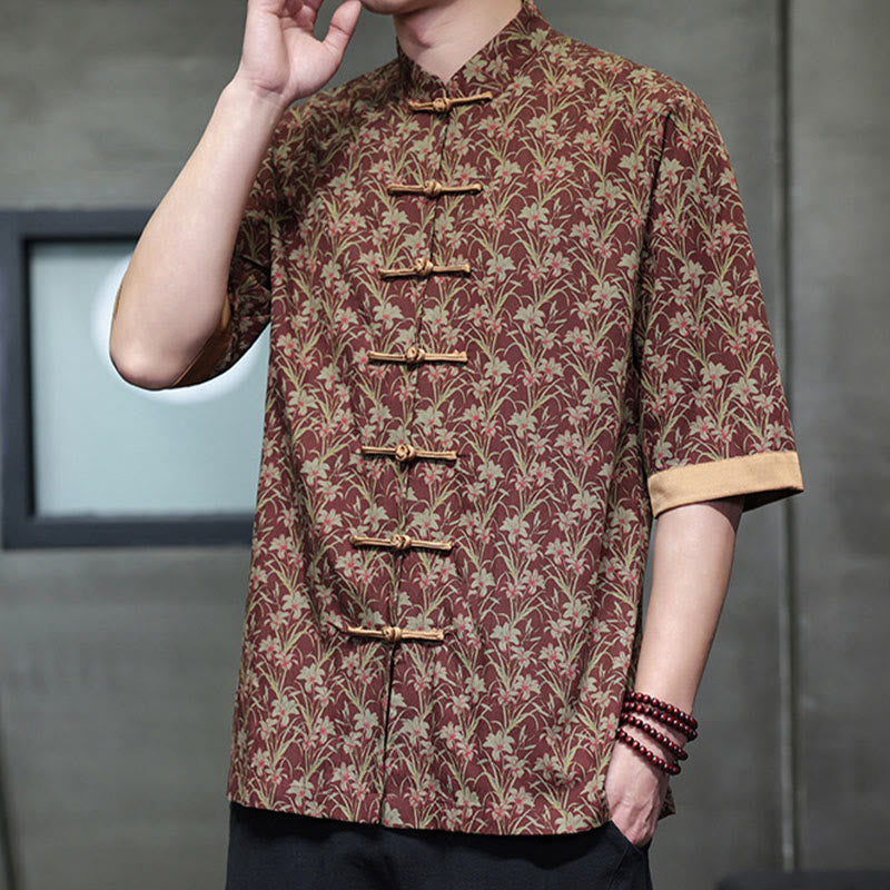 Buddha Stones Sommerliches Herrenhemd aus Baumwolle mit buntem Blumen- und Blättermuster, kurzen Ärmeln und Froschknopfleiste - image 1