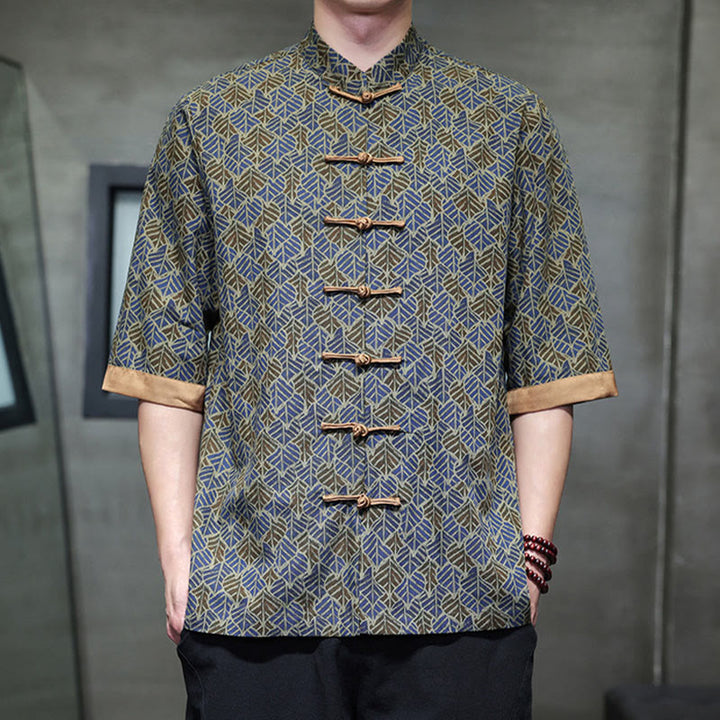 Buddha Stones Sommerliches Herrenhemd aus Baumwolle mit buntem Blumen- und Blättermuster, kurzen Ärmeln und Froschknopfleiste - image 21