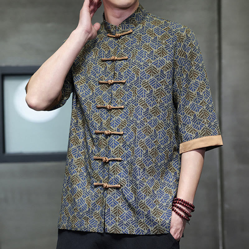 Buddha Stones Sommerliches Herrenhemd aus Baumwolle mit buntem Blumen- und Blättermuster, kurzen Ärmeln und Froschknopfleiste - image 19