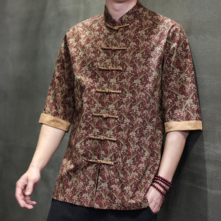 Buddha Stones Sommerliches Herrenhemd aus Baumwolle mit buntem Blumen- und Blättermuster, kurzen Ärmeln und Froschknopfleiste - image 4