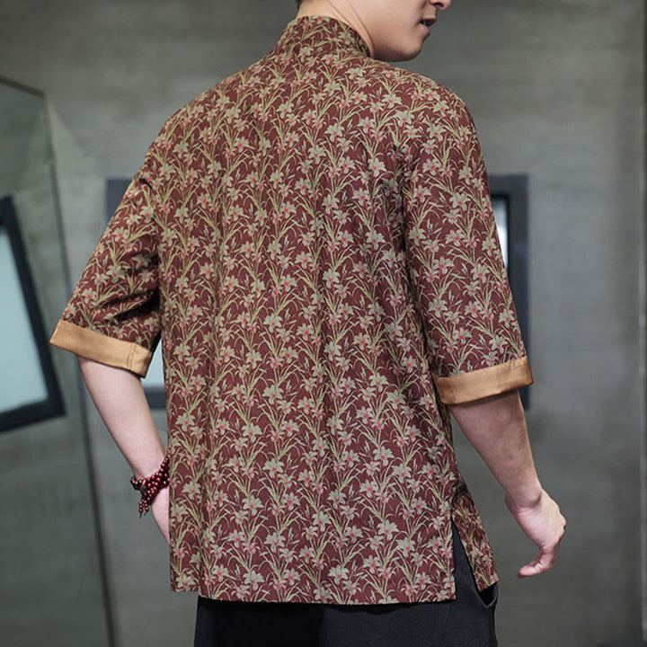 Buddha Stones Sommerliches Herrenhemd aus Baumwolle mit buntem Blumen- und Blättermuster, kurzen Ärmeln und Froschknopfleiste - image 3