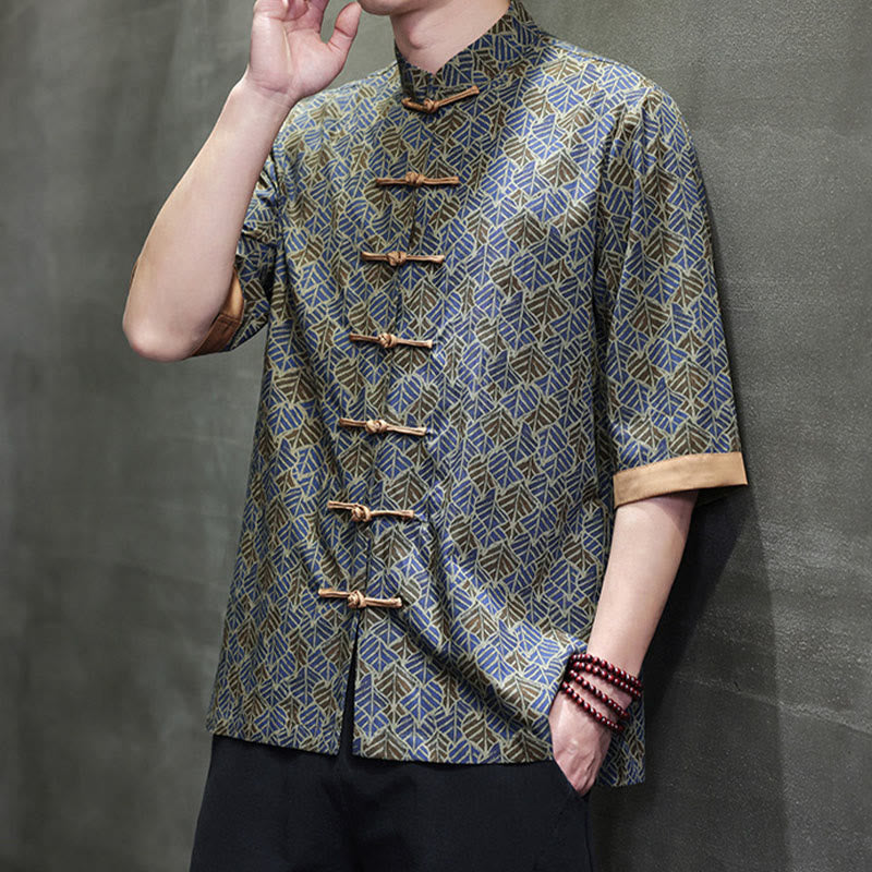 Buddha Stones Sommerliches Herrenhemd aus Baumwolle mit buntem Blumen- und Blättermuster, kurzen Ärmeln und Froschknopfleiste - image 24