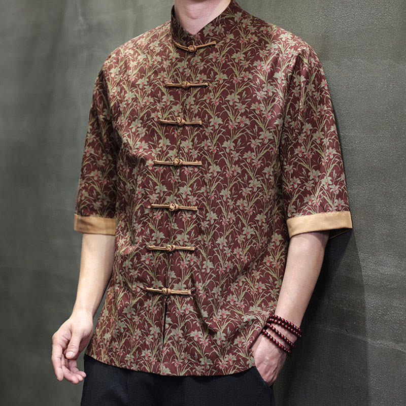 Buddha Stones Sommerliches Herrenhemd aus Baumwolle mit buntem Blumen- und Blättermuster, kurzen Ärmeln und Froschknopfleiste - image 5