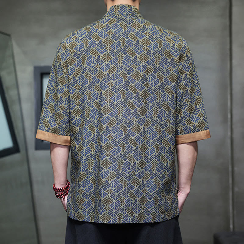 Buddha Stones Sommerliches Herrenhemd aus Baumwolle mit buntem Blumen- und Blättermuster, kurzen Ärmeln und Froschknopfleiste - image 22