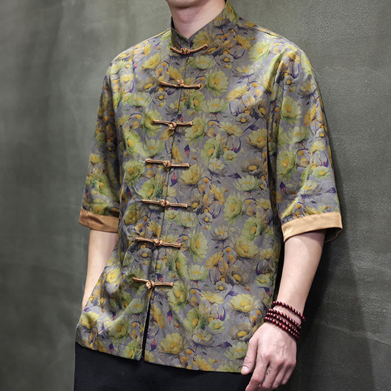 Buddha Stones Sommerliches Herrenhemd aus Baumwolle mit buntem Blumen- und Blättermuster, kurzen Ärmeln und Froschknopfleiste - image 11