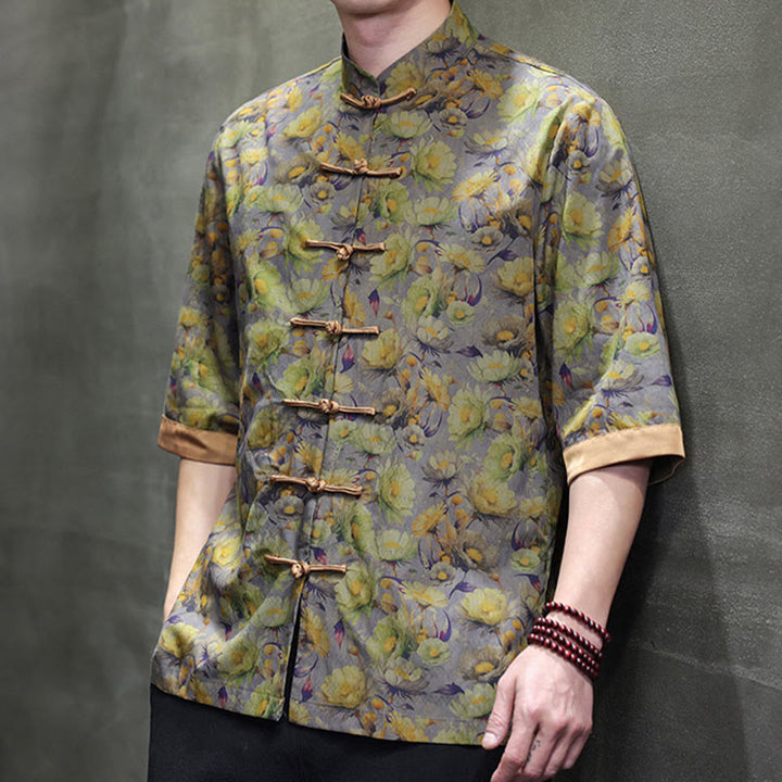 Buddha Stones Sommerliches Herrenhemd aus Baumwolle mit buntem Blumen- und Blättermuster, kurzen Ärmeln und Froschknopfleiste - image 11