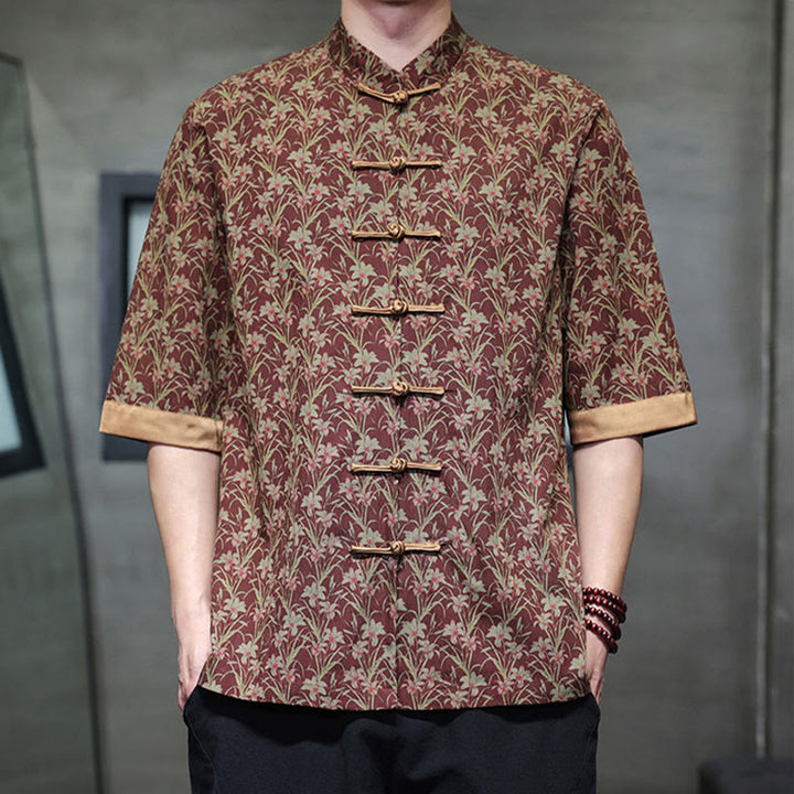 Buddha Stones Sommerliches Herrenhemd aus Baumwolle mit buntem Blumen- und Blättermuster, kurzen Ärmeln und Froschknopfleiste - image 2