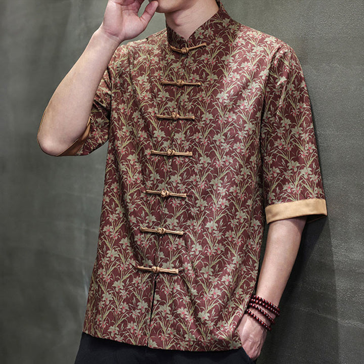 Buddha Stones Sommerliches Herrenhemd aus Baumwolle mit buntem Blumen- und Blättermuster, kurzen Ärmeln und Froschknopfleiste - image 6