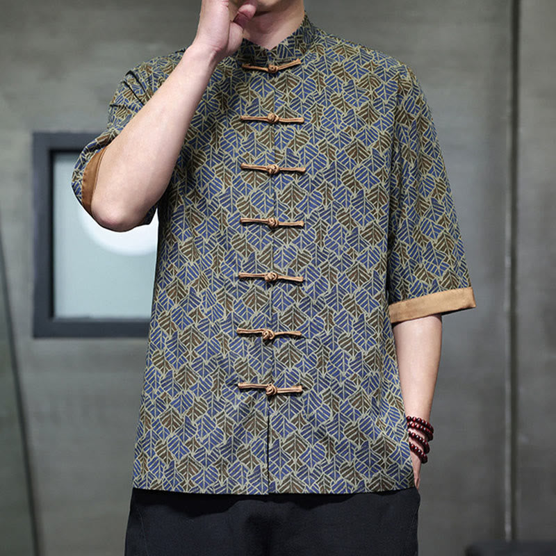 Buddha Stones Sommerliches Herrenhemd aus Baumwolle mit buntem Blumen- und Blättermuster, kurzen Ärmeln und Froschknopfleiste - image 20