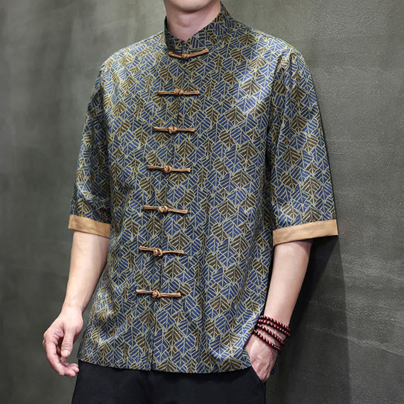 Buddha Stones Sommerliches Herrenhemd aus Baumwolle mit buntem Blumen- und Blättermuster, kurzen Ärmeln und Froschknopfleiste - image 23