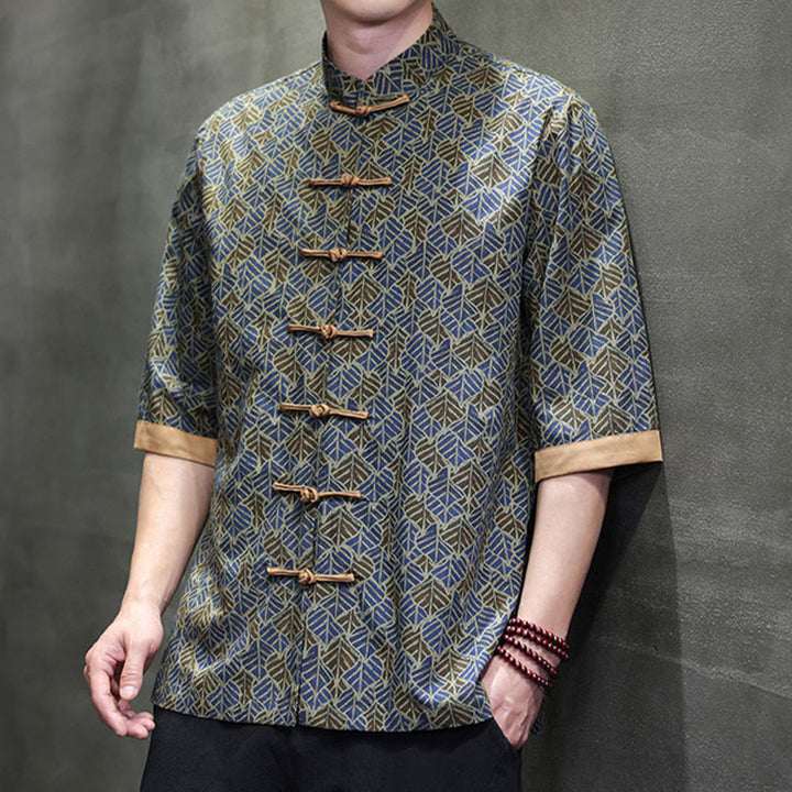 Buddha Stones Sommerliches Herrenhemd aus Baumwolle mit buntem Blumen- und Blättermuster, kurzen Ärmeln und Froschknopfleiste - image 23