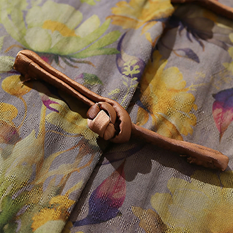 Buddha Stones Sommerliches Herrenhemd aus Baumwolle mit buntem Blumen- und Blättermuster, kurzen Ärmeln und Froschknopfleiste - image 15