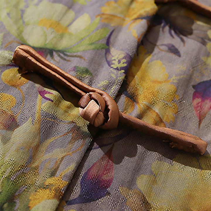 Buddha Stones Sommerliches Herrenhemd aus Baumwolle mit buntem Blumen- und Blättermuster, kurzen Ärmeln und Froschknopfleiste - image 15