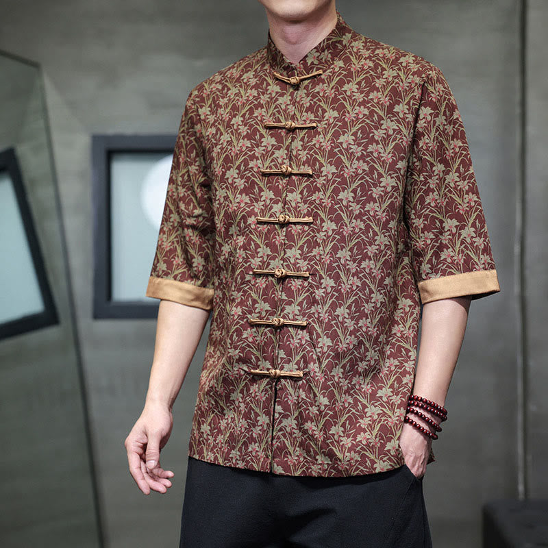Buddha Stones Sommerliches Herrenhemd aus Baumwolle mit buntem Blumen- und Blättermuster, kurzen Ärmeln und Froschknopfleiste - Dunkelrot - US/UK/AU46, EU56 (5XL) - image 0