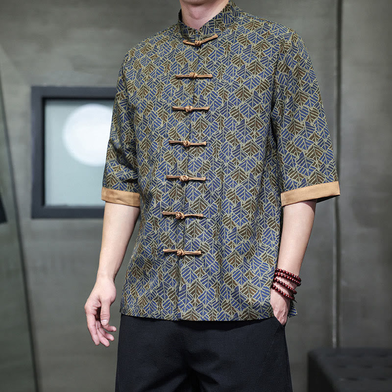 Buddha Stones Sommerliches Herrenhemd aus Baumwolle mit buntem Blumen- und Blättermuster, kurzen Ärmeln und Froschknopfleiste - Königsblau - US/ UK/AU46, EU56 (5XL) - image 18