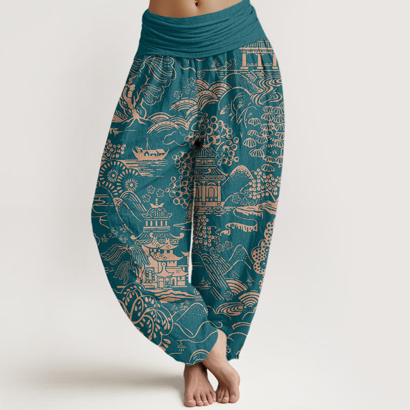 Buddha Stones Baumwoll-Haremshose mit exquisitem Baum-, Gebäude- und Wolkenmuster, elastischem Bund für Damen - Türkis - US16, UK/AU20, EU48 (3XL) - image 0