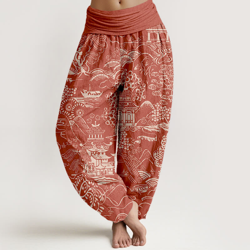 Buddha Stones Baumwoll-Haremshose mit exquisitem Baum-, Gebäude- und Wolkenmuster, elastischem Bund für Damen - Tomate - US16, UK/AU20, EU48 (3XL) - image 5