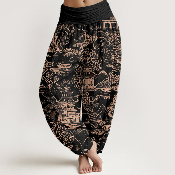 Buddha Stones Baumwoll-Haremshose mit exquisitem Baum-, Gebäude- und Wolkenmuster, elastischem Bund für Damen - Schwarz - US16, UK/AU20, EU48 (3XL) - image 8