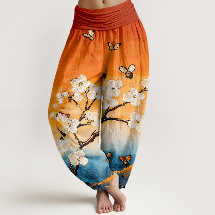Buddha Stones Baumwoll-Haremshose mit buntem Blumen-, Schmetterlings- und Bienenmuster, elastischem Bund für Damen - Dunkelorange - US16, UK/AU20, EU48 (3XL) - image 0