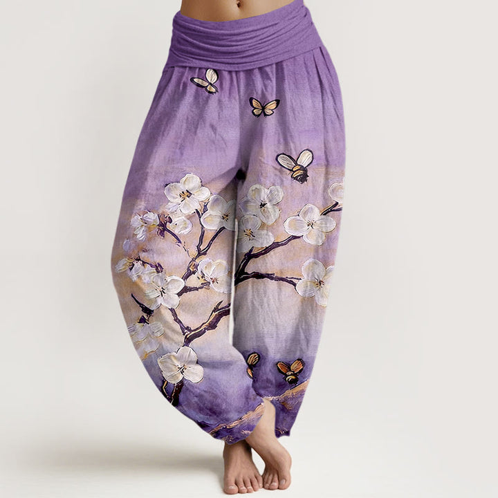 Buddha Stones Baumwoll-Haremshose mit buntem Blumen-, Schmetterlings- und Bienenmuster, elastischem Bund für Damen - Mittelviolett - US16, UK/AU20, EU48 (3XL) - image 5