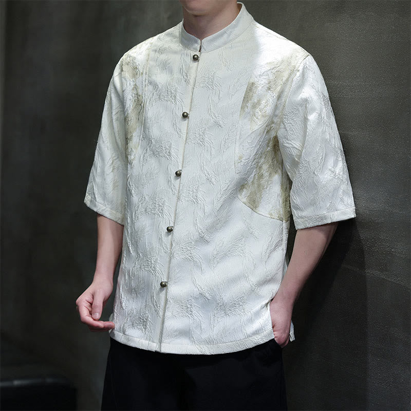 Buddha Stones Herrenhemd aus Baumwolle mit halben Ärmeln und strukturiertem Jacquard-Bagua-Muster. - Weiß - US/ UK/AU46, EU56 (5XL) - image 0