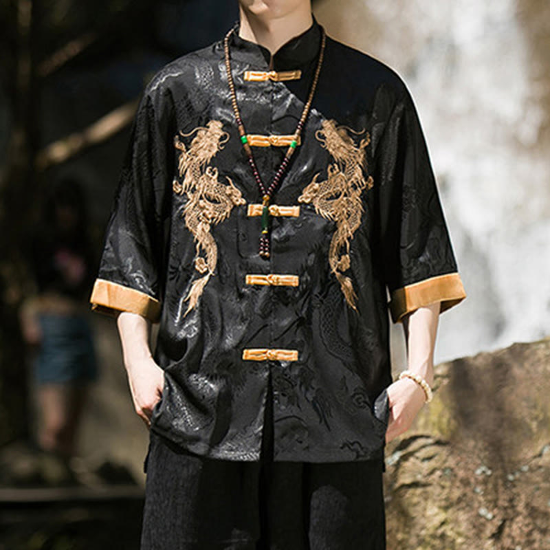 Buddha Stones Tang-Anzug für Herren mit besticktem Drachenmuster, Colorblock-Design, Froschknopfleiste und halben Ärmeln - Schwarz - US/ UK/AU46, EU56 (5XL) - image 10