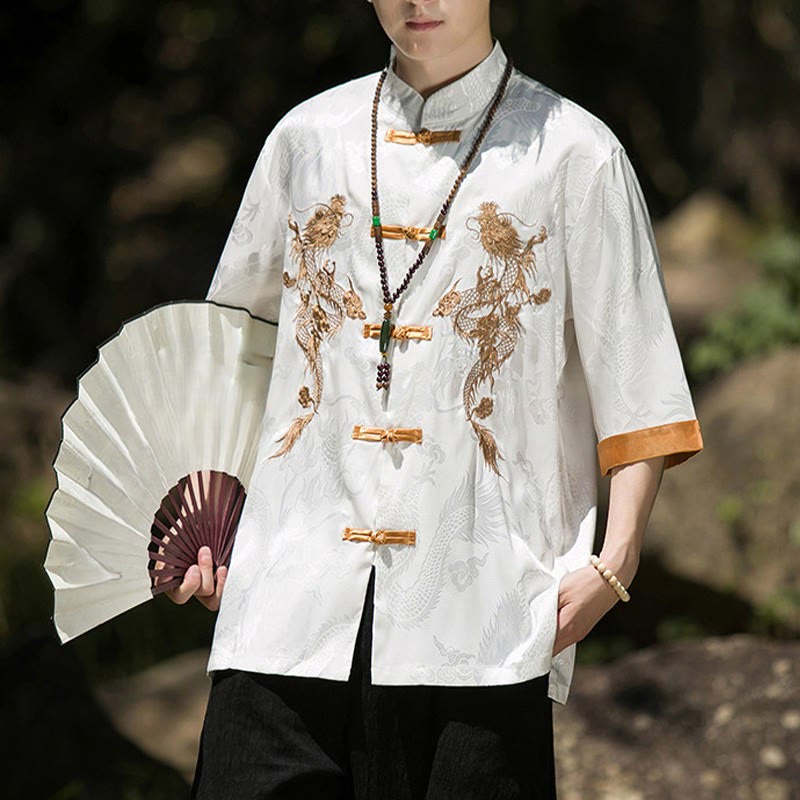 Buddha Stones Tang-Anzug für Herren mit besticktem Drachenmuster, Colorblock-Design, Froschknopfleiste und halben Ärmeln - Weiß - US/ UK/AU46, EU56 (5XL) - image 0