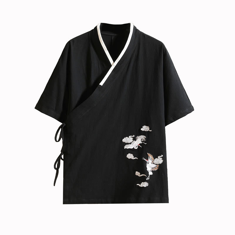 Buddha Stones Bestickte, offene Kurzarmjacke mit Kranich- und Wolkenmuster, Herren-Baumwollkimono - image 14