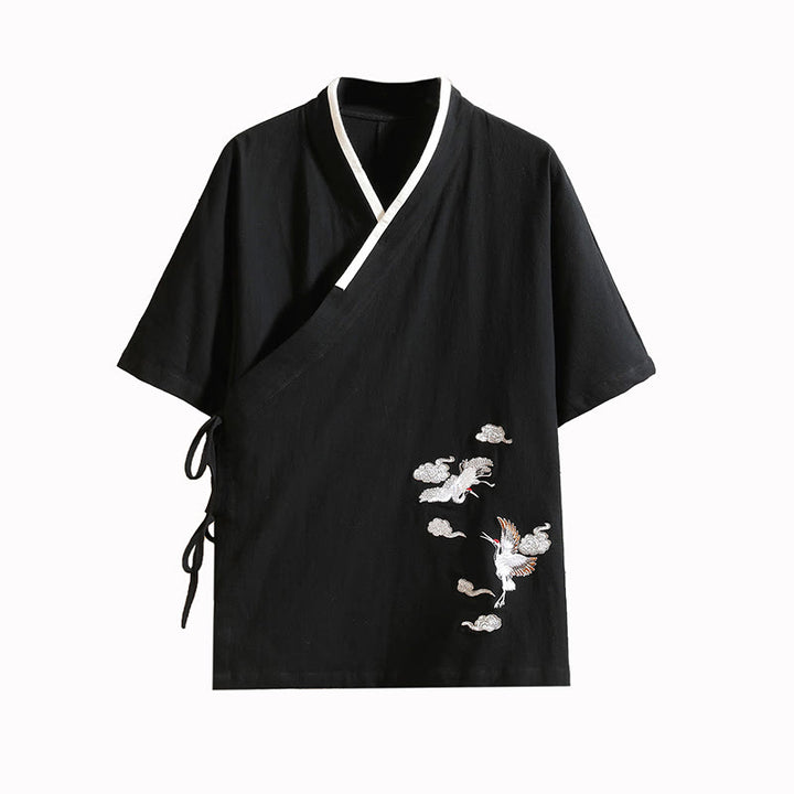 Buddha Stones Bestickte, offene Kurzarmjacke mit Kranich- und Wolkenmuster, Herren-Baumwollkimono - image 14
