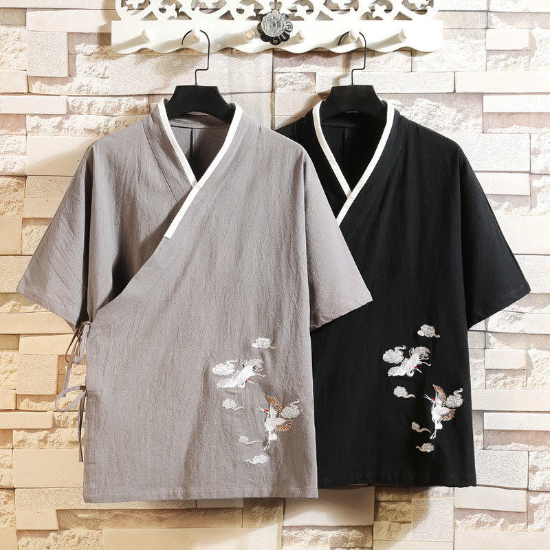 Buddha Stones Bestickte, offene Kurzarmjacke mit Kranich- und Wolkenmuster, Herren-Baumwollkimono - image 15