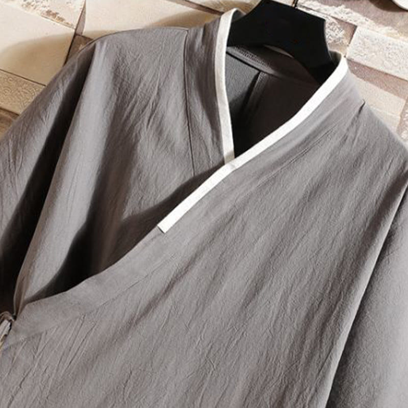 Buddha Stones Bestickte, offene Kurzarmjacke mit Kranich- und Wolkenmuster, Herren-Baumwollkimono - image 3