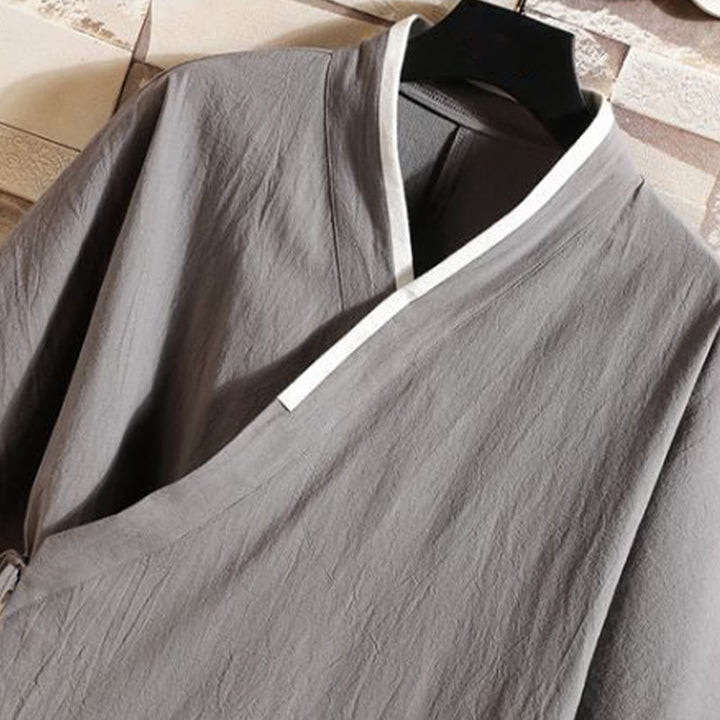 Buddha Stones Bestickte, offene Kurzarmjacke mit Kranich- und Wolkenmuster, Herren-Baumwollkimono - image 3