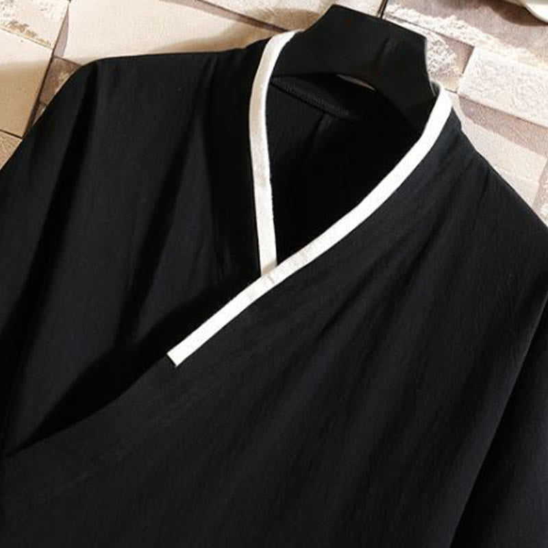 Buddha Stones Bestickte, offene Kurzarmjacke mit Kranich- und Wolkenmuster, Herren-Baumwollkimono - image 6