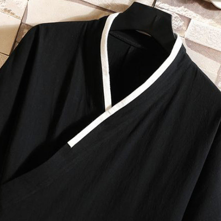 Buddha Stones Bestickte, offene Kurzarmjacke mit Kranich- und Wolkenmuster, Herren-Baumwollkimono - image 6
