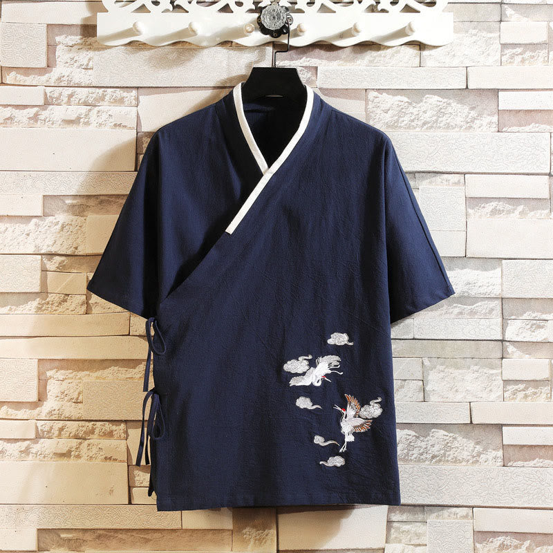 Buddha Stones Bestickte, offene Kurzarmjacke mit Kranich- und Wolkenmuster, Herren-Baumwollkimono - Mitternachtsblau - US/ UK/AU46, EU56 (5XL) - image 0