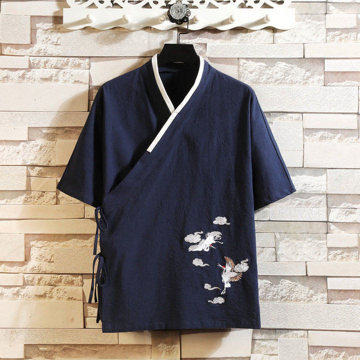 Buddha Stones Bestickte, offene Kurzarmjacke mit Kranich- und Wolkenmuster, Herren-Baumwollkimono - Mitternachtsblau - US/ UK/AU46, EU56 (5XL) - image 0