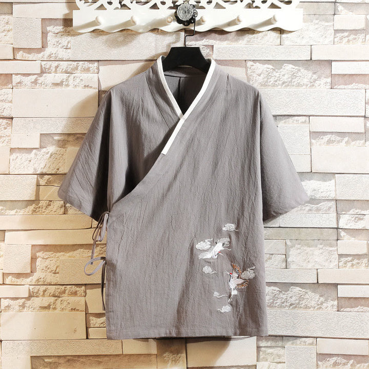 Buddha Stones Bestickte, offene Kurzarmjacke mit Kranich- und Wolkenmuster, Herren-Baumwollkimono - Dunkelgrau - US/ UK/AU46, EU56 (5XL) - image 2