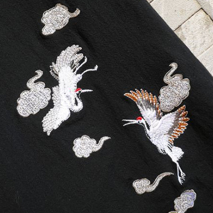Buddha Stones Bestickte, offene Kurzarmjacke mit Kranich- und Wolkenmuster, Herren-Baumwollkimono - image 10