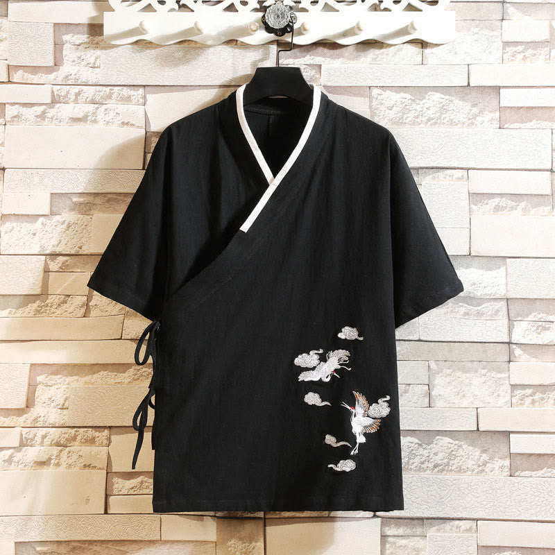 Buddha Stones Bestickte, offene Kurzarmjacke mit Kranich- und Wolkenmuster, Herren-Baumwollkimono - Schwarz - US/ UK/AU46, EU56 (5XL) - image 4