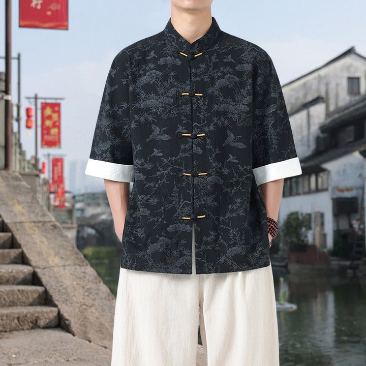 Buddha Stones Sommer Kranich Kiefernmuster Tang Anzug Herren Hemd mit Froschknopfleiste, halben Ärmeln und Taschen aus Baumwolle - Schwarz - US/ UK/AU46, EU56 (5XL) - image 0