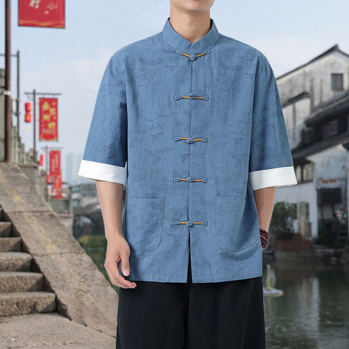 Buddha Stones Sommer Kranich Kiefernmuster Tang Anzug Herren Hemd mit Froschknopfleiste, halben Ärmeln und Taschen aus Baumwolle - Hellblau - US/ UK/AU46, EU56 (5XL) - image 14