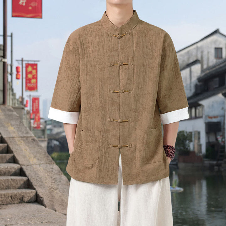 Buddha Stones Sommer Kranich Kiefernmuster Tang Anzug Herren Hemd mit Froschknopfleiste, halben Ärmeln und Taschen aus Baumwolle - Goldrute - US/ UK/AU46, EU56 (5XL) - image 7